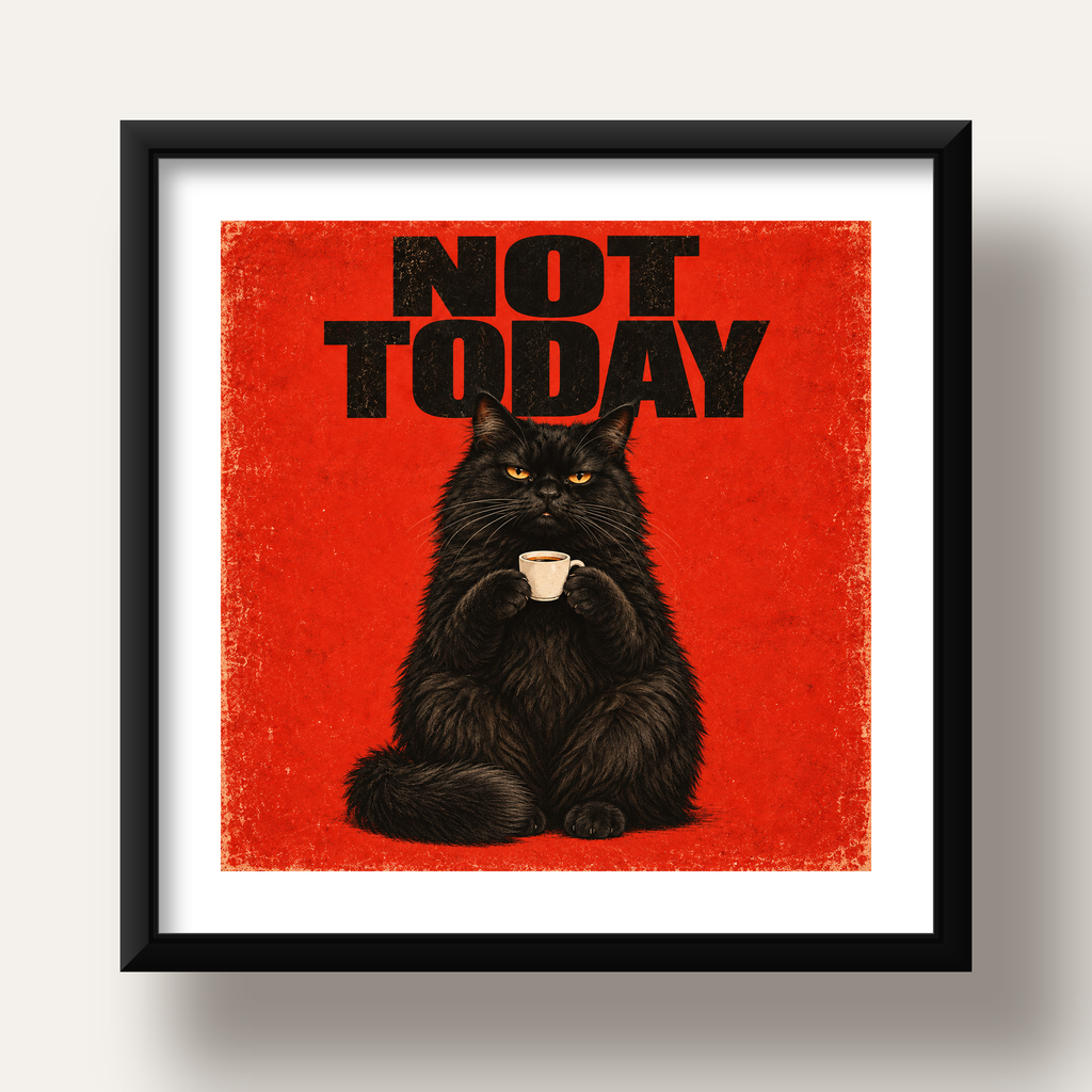 Kırmızı Fonlu Kahve İçen Siyah Kedi Retro Poster — siyah derin çerçeveli paspartulu