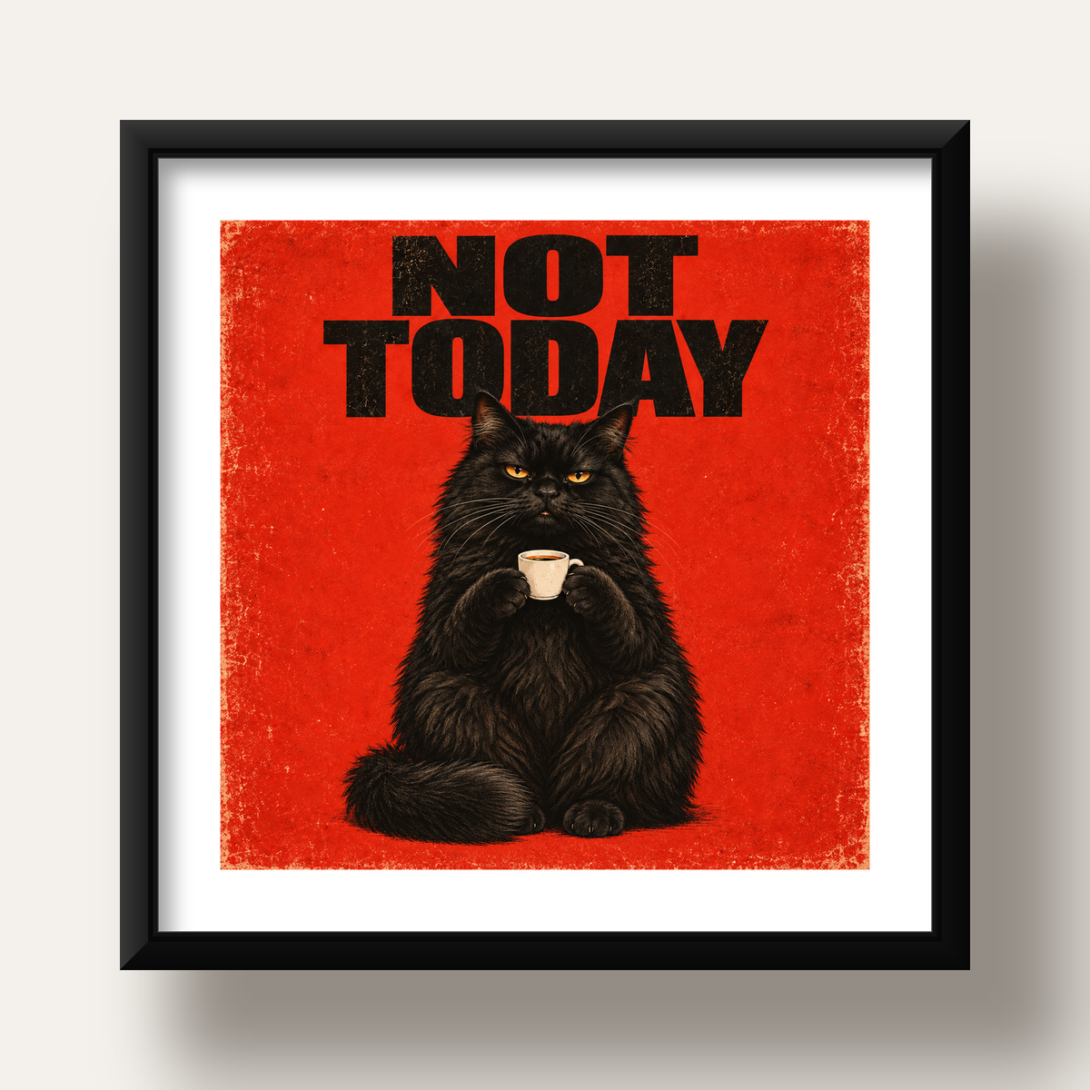Kırmızı Fonlu Kahve İçen Siyah Kedi Retro Poster — siyah derin çerçeveli paspartulu