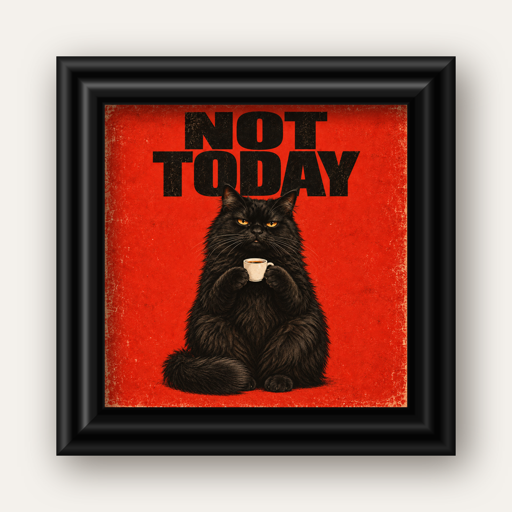 Kırmızı Fonlu Kahve İçen Siyah Kedi Retro Poster — siyah galeri çerçeveli