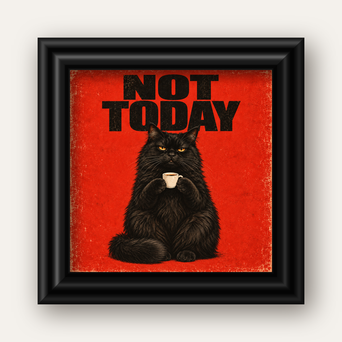 Kırmızı Fonlu Kahve İçen Siyah Kedi Retro Poster — siyah galeri çerçeveli