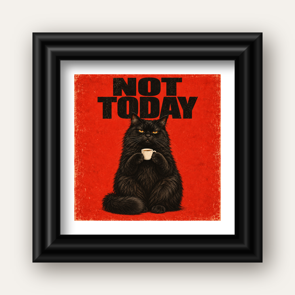 Kırmızı Fonlu Kahve İçen Siyah Kedi Retro Poster — siyah galeri çerçeveli paspartulu