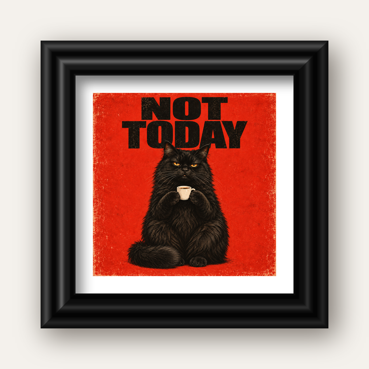 Kırmızı Fonlu Kahve İçen Siyah Kedi Retro Poster — siyah galeri çerçeveli paspartulu
