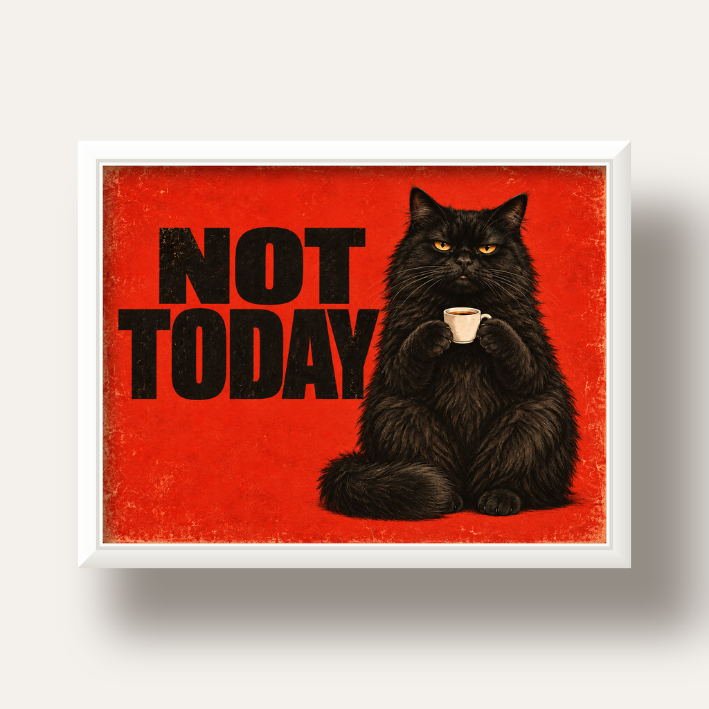 Kırmızı Fonlu Kahve İçen Siyah Kedi Retro Poster — beyaz derin çerçeveli
