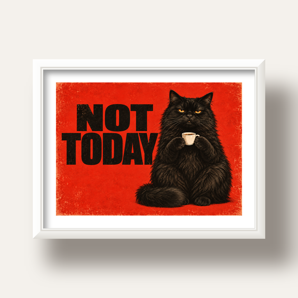 Kırmızı Fonlu Kahve İçen Siyah Kedi Retro Poster — beyaz derin çerçeveli paspartulu