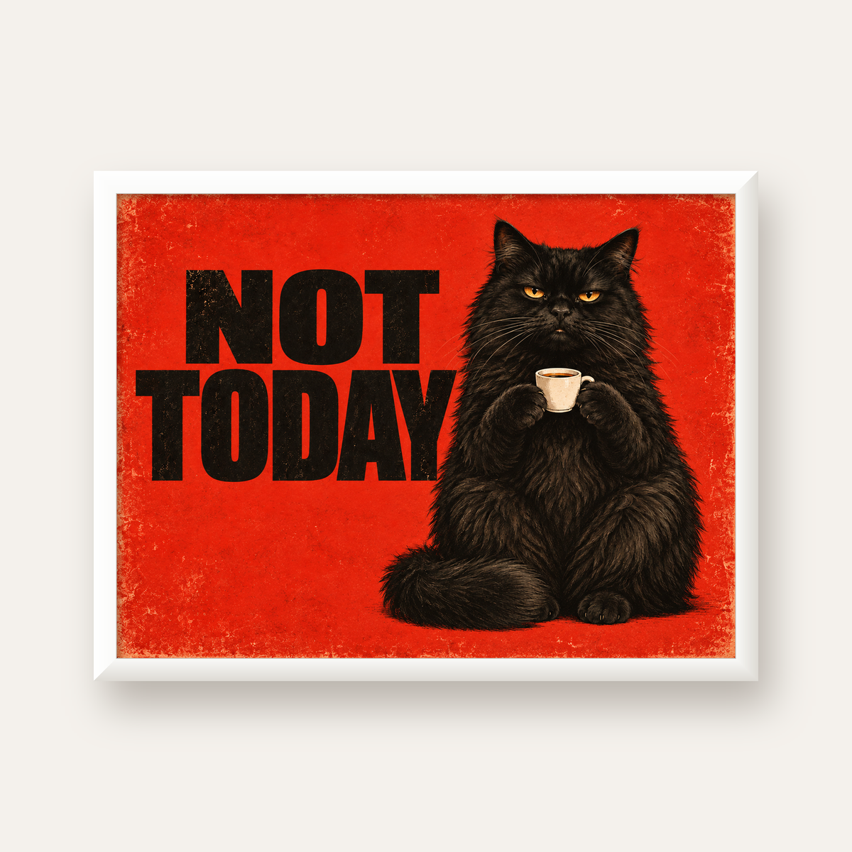 Kırmızı Fonlu Kahve İçen Siyah Kedi Retro Poster — beyaz çerçeveli yatay poster