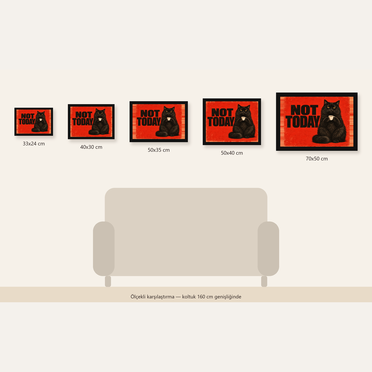Kırmızı Fonlu Kahve İçen Siyah Kedi Retro Poster — Yatay ölçülerinin karşılaştırması