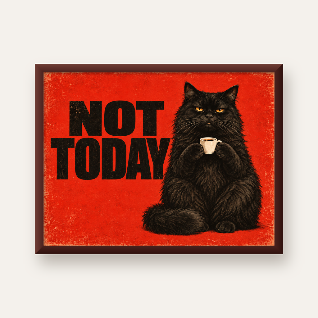 Kırmızı Fonlu Kahve İçen Siyah Kedi Retro Poster — ceviz çerçeveli