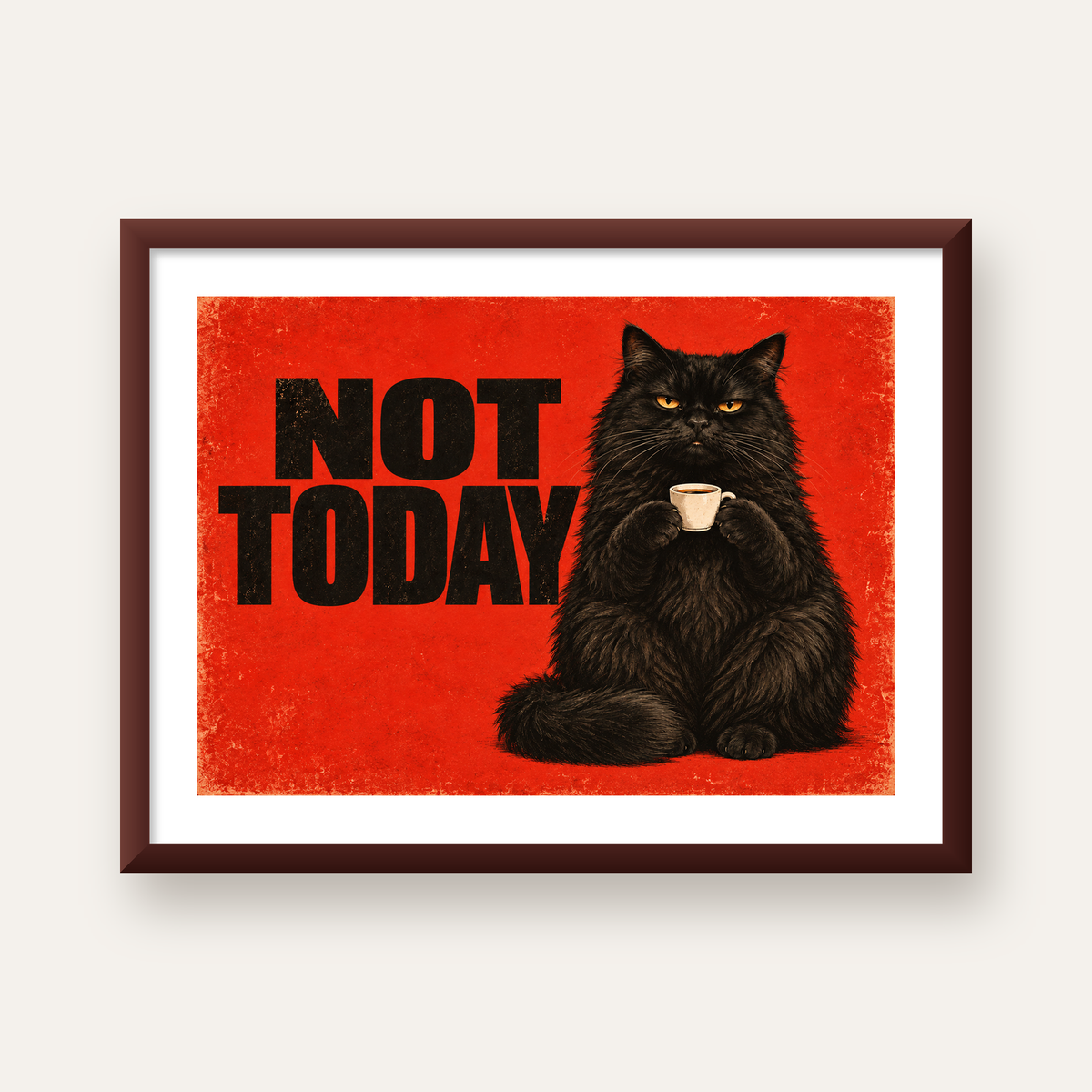 Kırmızı Fonlu Kahve İçen Siyah Kedi Retro Poster — ceviz çerçeveli paspartulu