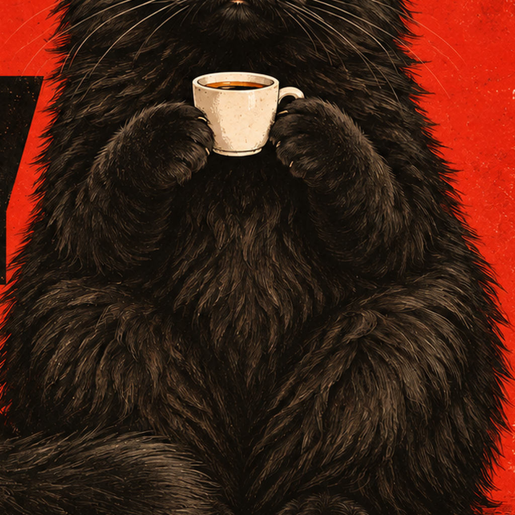 Kırmızı Fonlu Kahve İçen Siyah Kedi Retro Poster — baskının yakın çekimi, kâğıt dokusu ve renk detayı