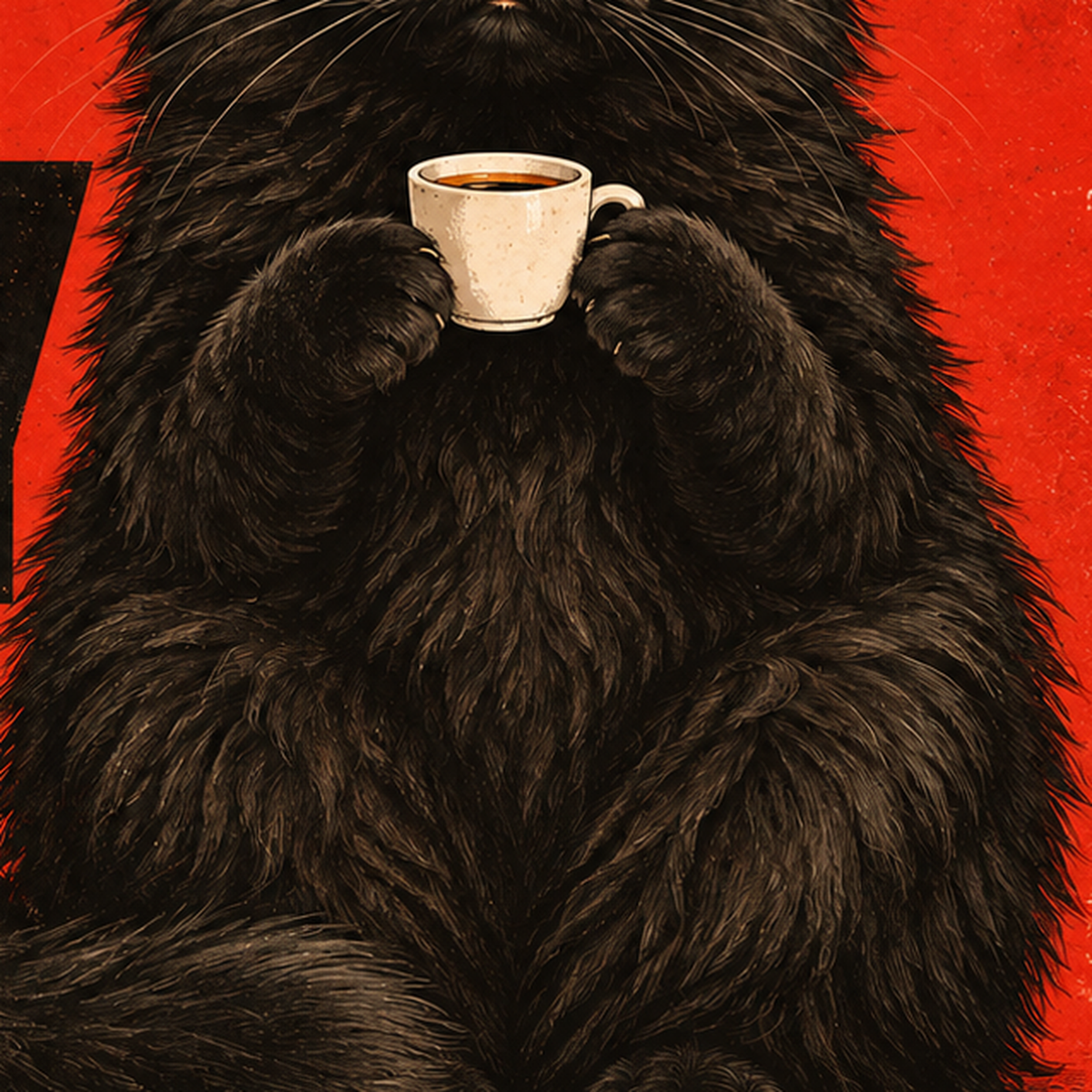 Kırmızı Fonlu Kahve İçen Siyah Kedi Retro Poster — baskının yakın çekimi, kâğıt dokusu ve renk detayı