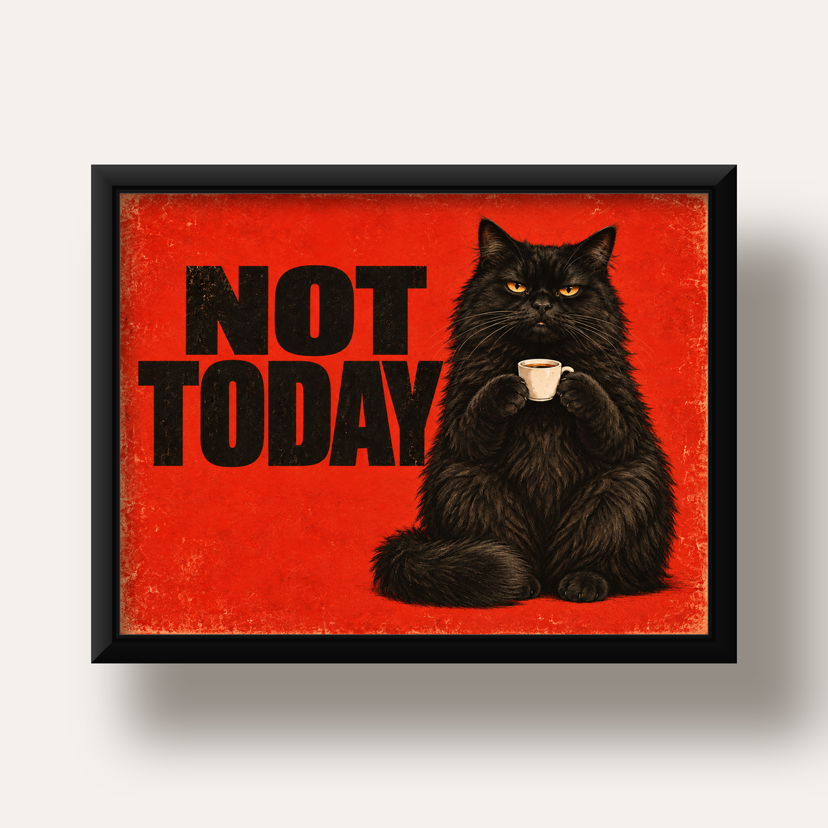 Kırmızı Fonlu Kahve İçen Siyah Kedi Retro Poster — siyah derin çerçeveli