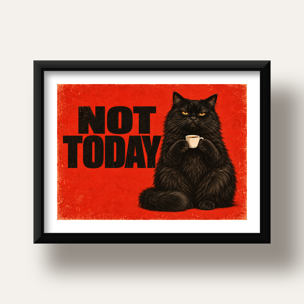 Kırmızı Fonlu Kahve İçen Siyah Kedi Retro Poster — siyah derin çerçeveli paspartulu