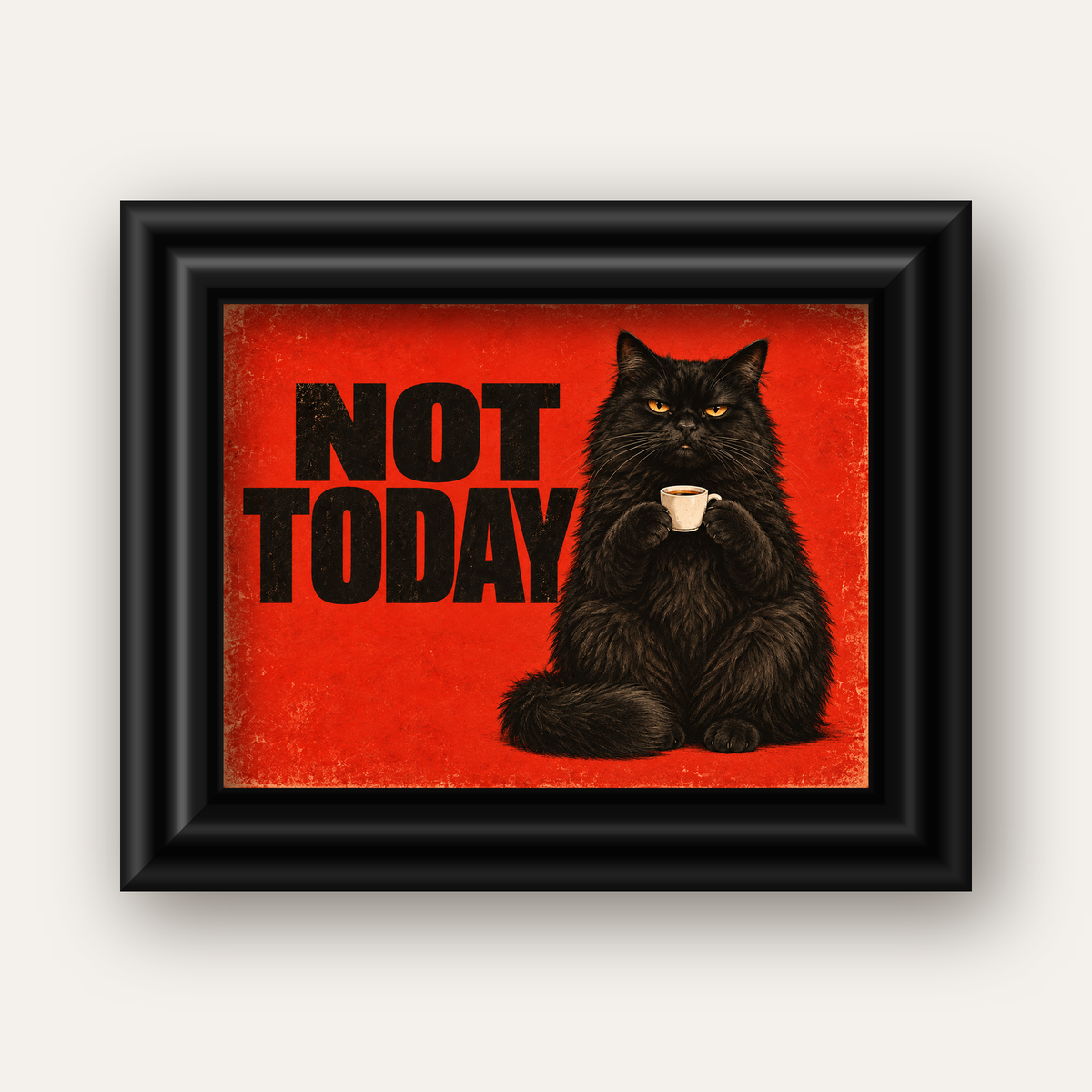Kırmızı Fonlu Kahve İçen Siyah Kedi Retro Poster — siyah galeri çerçeveli