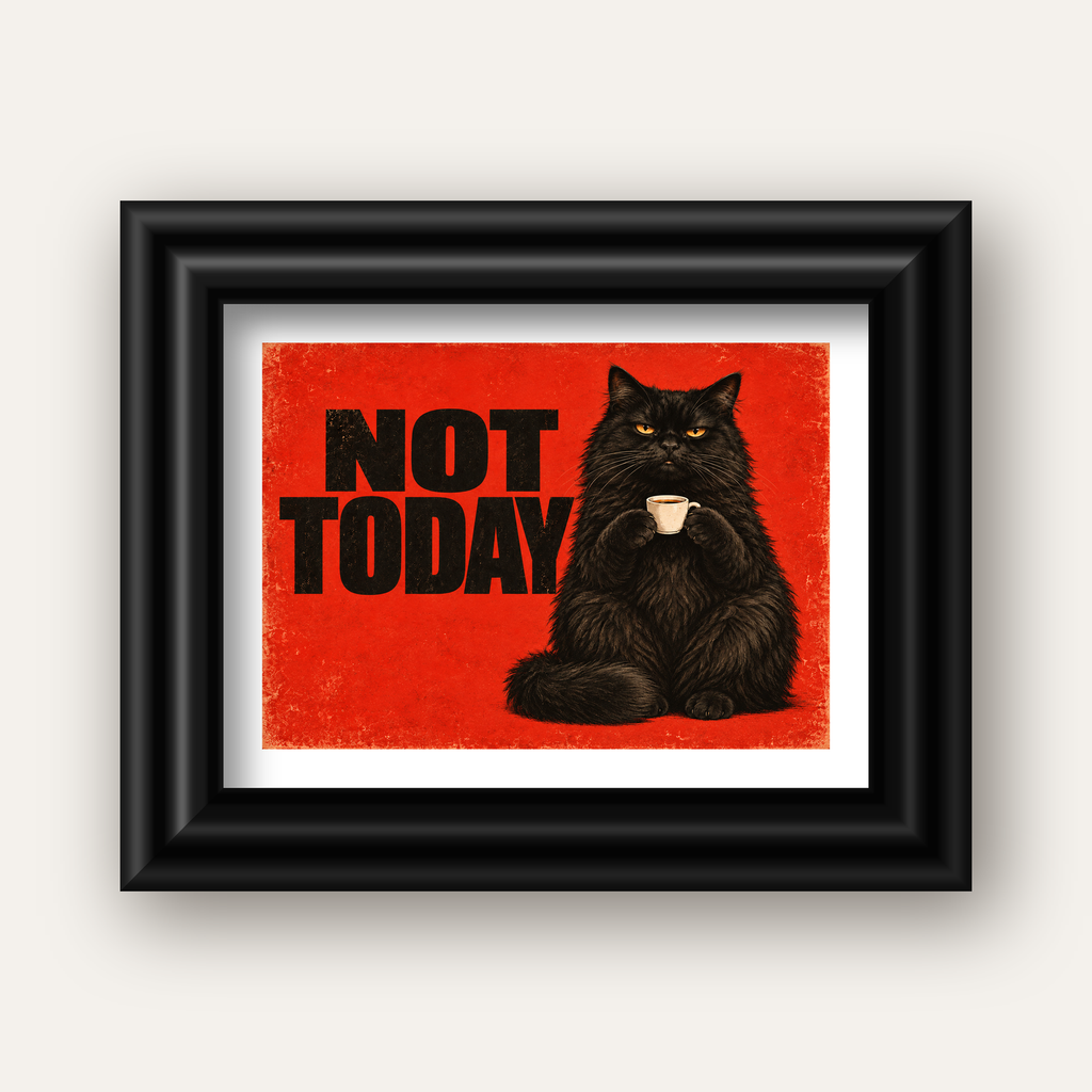 Kırmızı Fonlu Kahve İçen Siyah Kedi Retro Poster — siyah galeri çerçeveli paspartulu