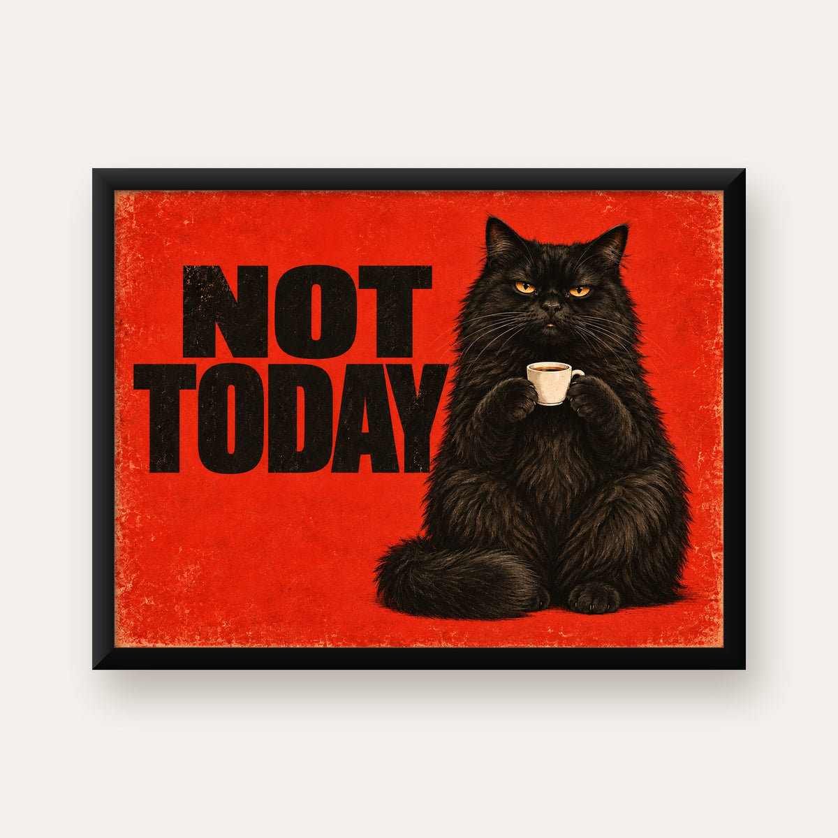Kırmızı Fonlu Kahve İçen Siyah Kedi Retro Poster — Yatay baskı, düz siyah çerçeveli duvar posteri