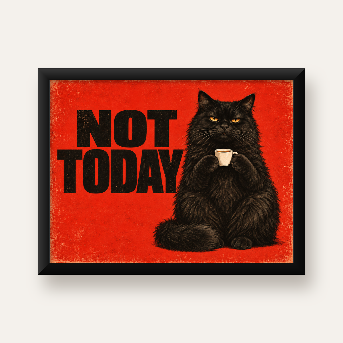 Kırmızı Fonlu Kahve İçen Siyah Kedi Retro Poster — Yatay baskı, düz siyah çerçeveli duvar posteri