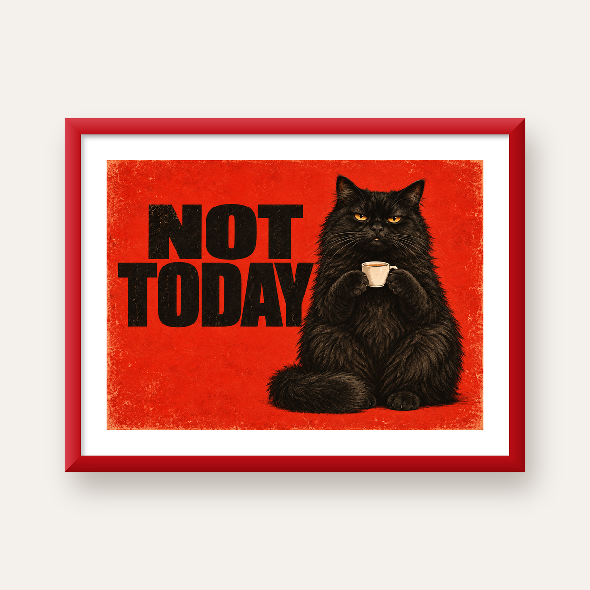 Kırmızı Fonlu Kahve İçen Siyah Kedi Retro Poster — kırmızı çerçeveli paspartulu