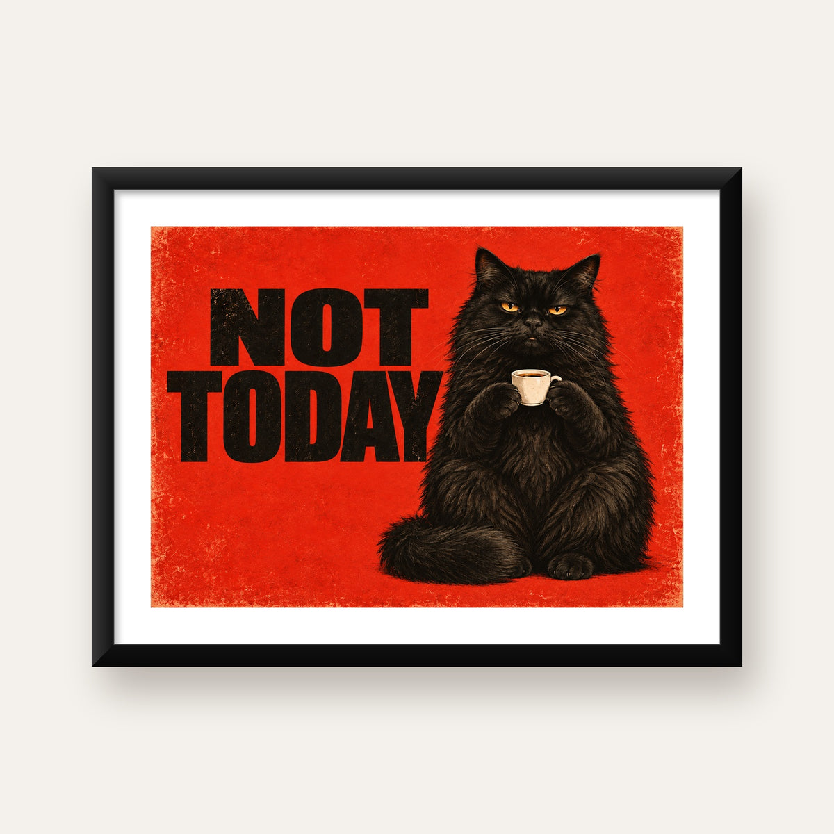 Kırmızı Fonlu Kahve İçen Siyah Kedi Retro Poster — Yatay baskı, beyaz paspartulu