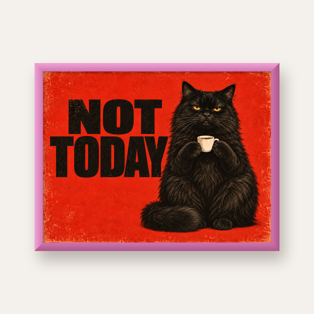 Kırmızı Fonlu Kahve İçen Siyah Kedi Retro Poster — pembe çerçeveli