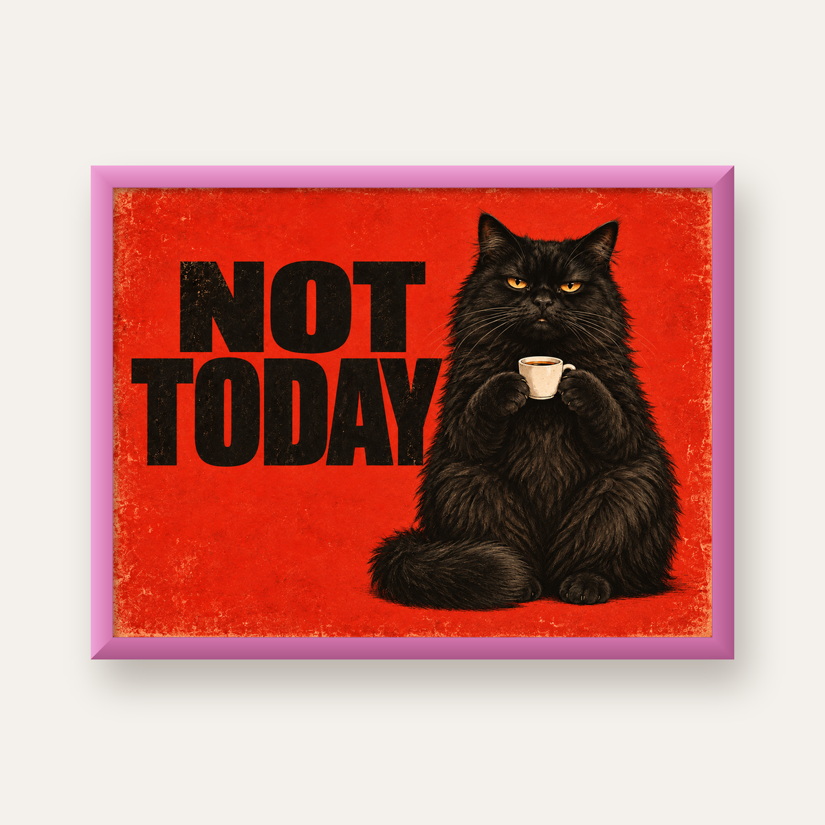 Kırmızı Fonlu Kahve İçen Siyah Kedi Retro Poster — pembe çerçeveli