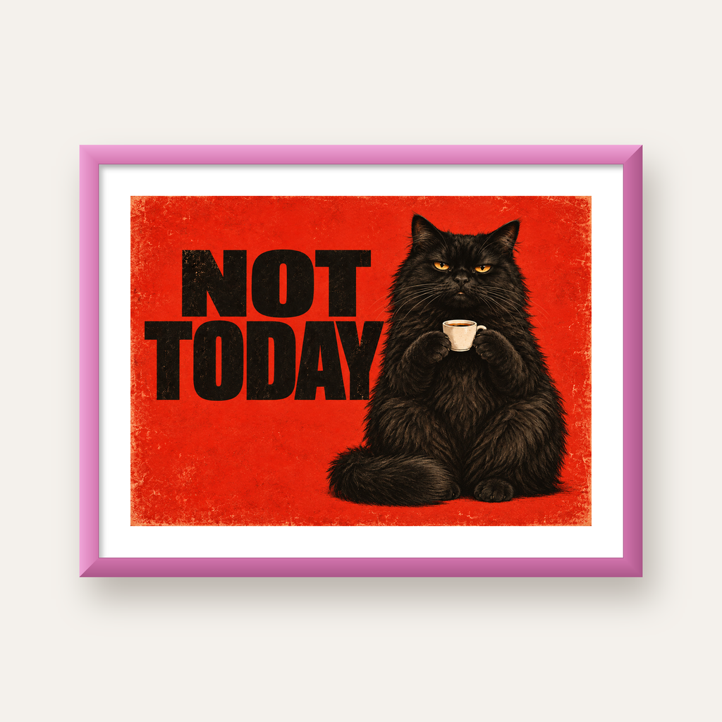 Kırmızı Fonlu Kahve İçen Siyah Kedi Retro Poster — pembe çerçeveli paspartulu
