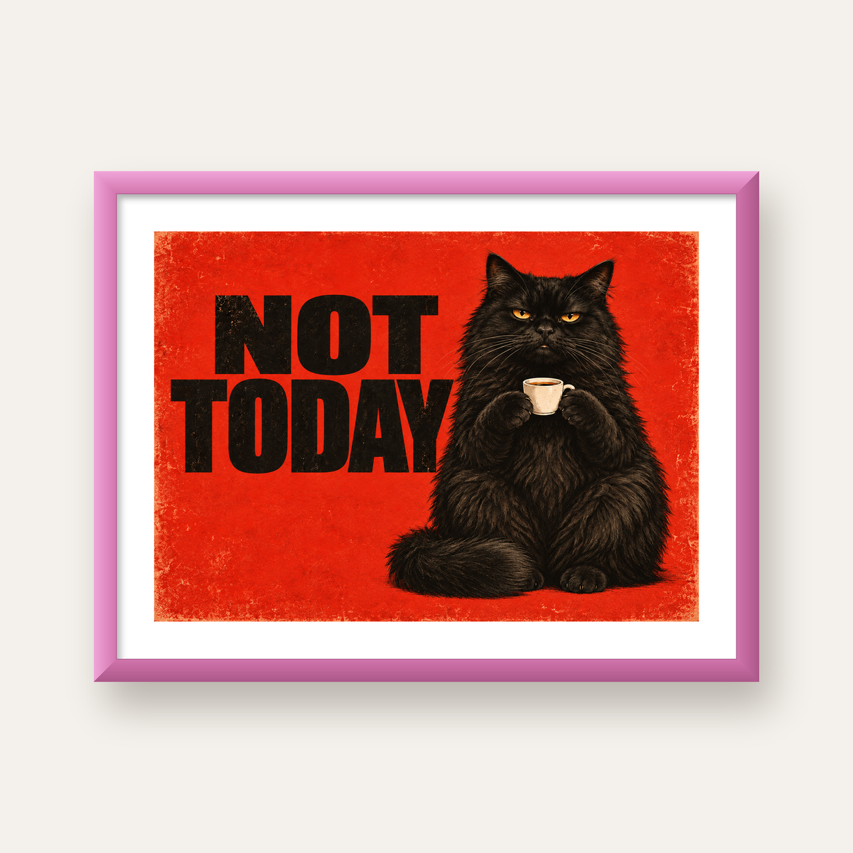 Kırmızı Fonlu Kahve İçen Siyah Kedi Retro Poster — pembe çerçeveli paspartulu