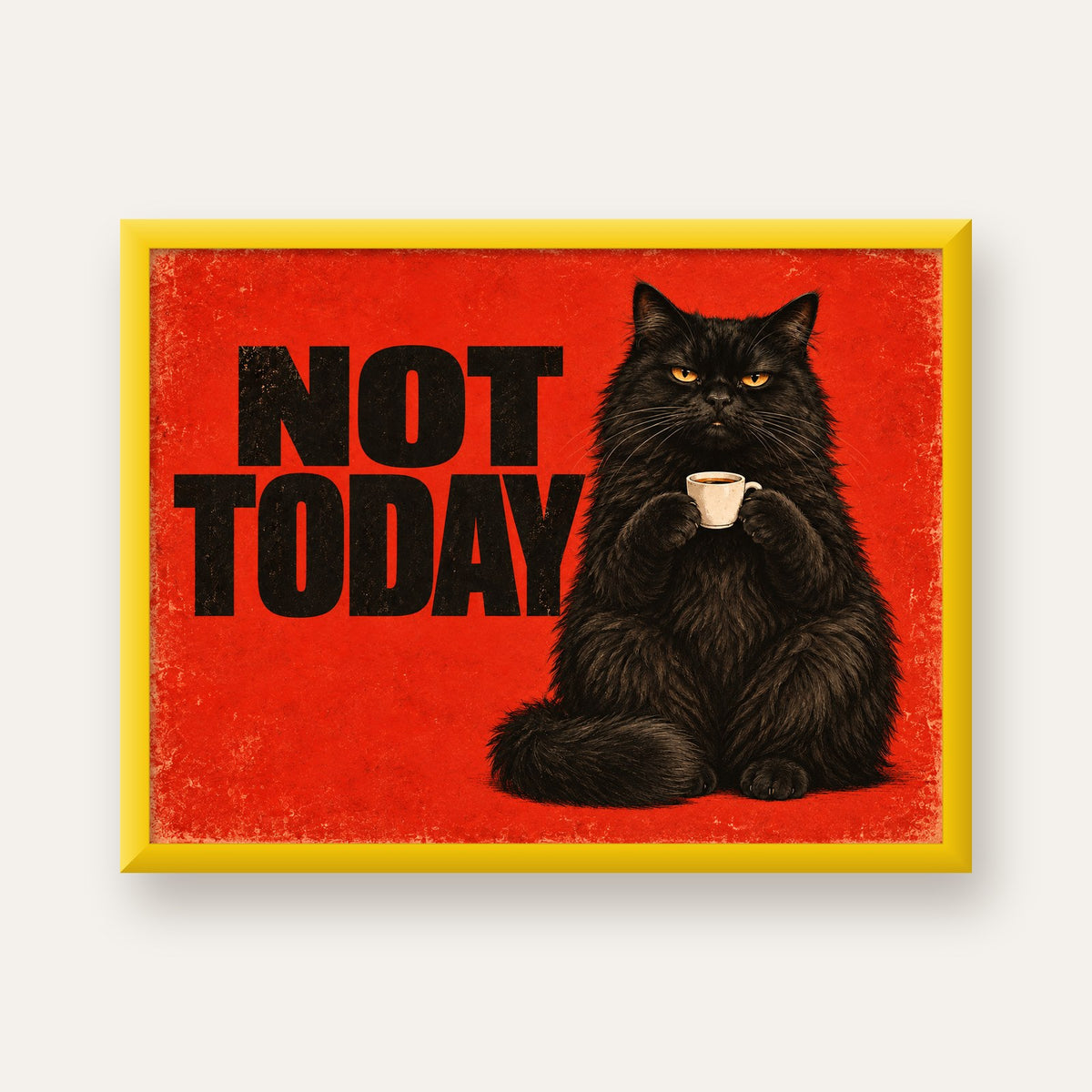 Kırmızı Fonlu Kahve İçen Siyah Kedi Retro Poster — sarı çerçeveli