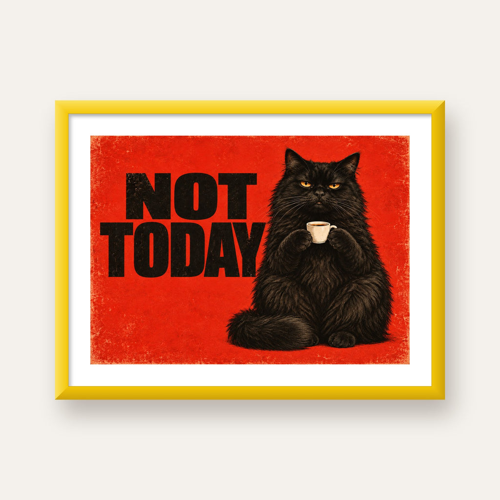 Kırmızı Fonlu Kahve İçen Siyah Kedi Retro Poster — sarı çerçeveli paspartulu