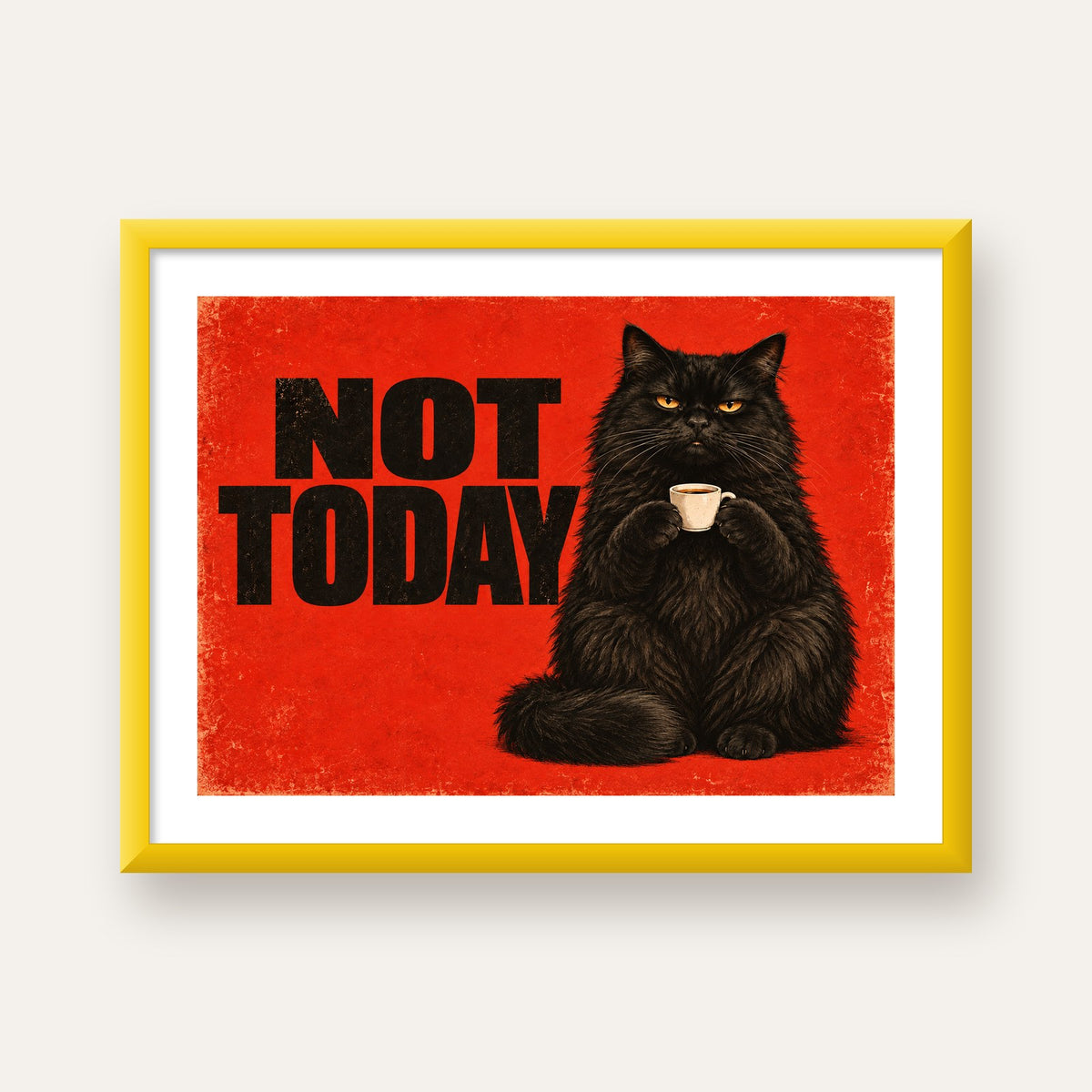 Kırmızı Fonlu Kahve İçen Siyah Kedi Retro Poster — sarı çerçeveli paspartulu