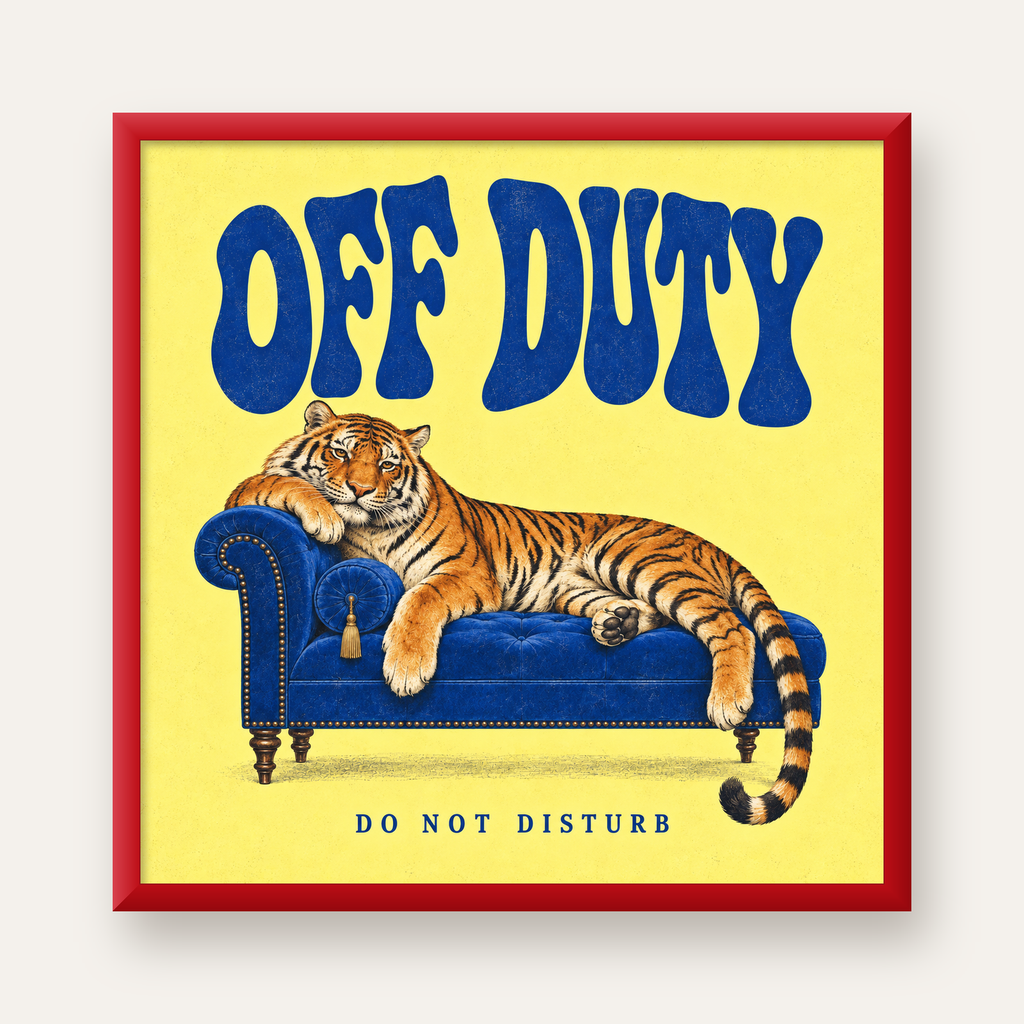 Off Duty Dinlenen Kaplan İllüstrasyonlu Poster — kırmızı çerçeveli