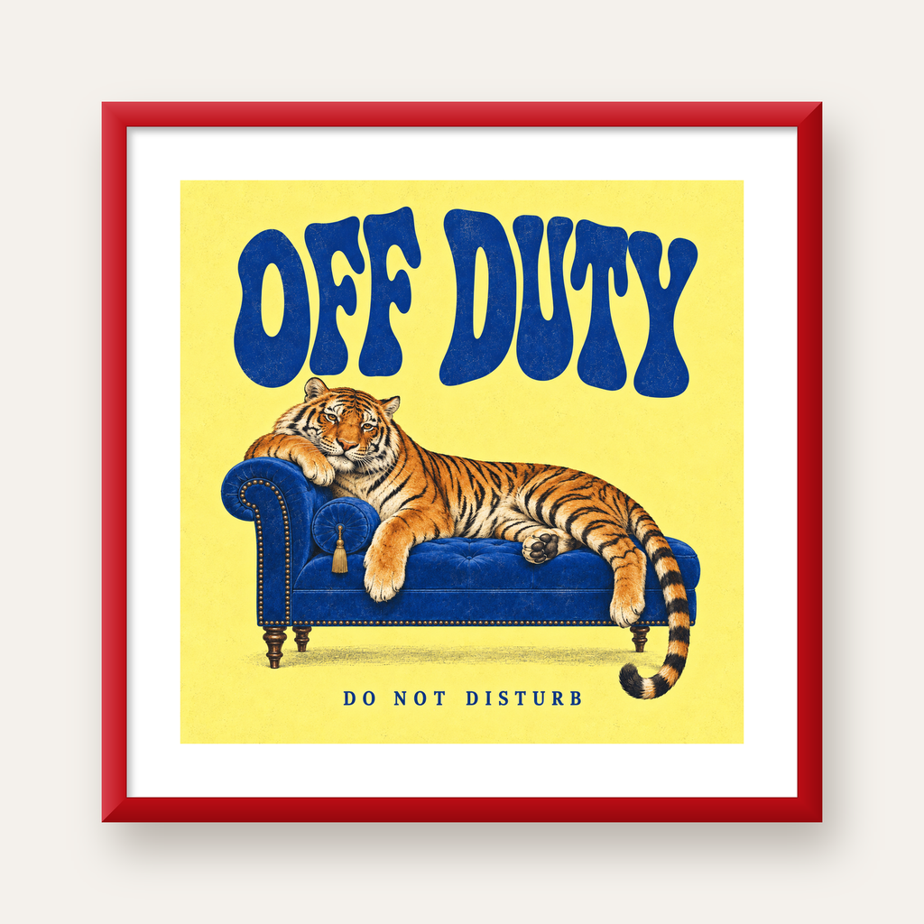 Off Duty Dinlenen Kaplan İllüstrasyonlu Poster — kırmızı çerçeveli paspartulu