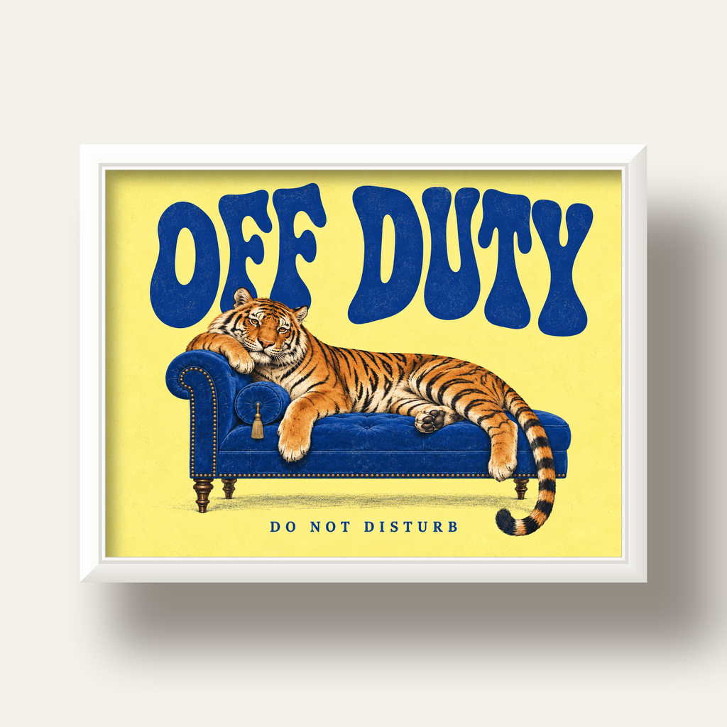 Off Duty Dinlenen Kaplan İllüstrasyonlu Poster — beyaz derin çerçeveli