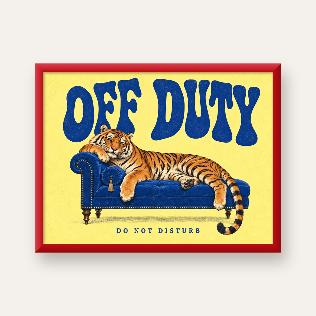 Off Duty Dinlenen Kaplan İllüstrasyonlu Poster — kırmızı çerçeveli