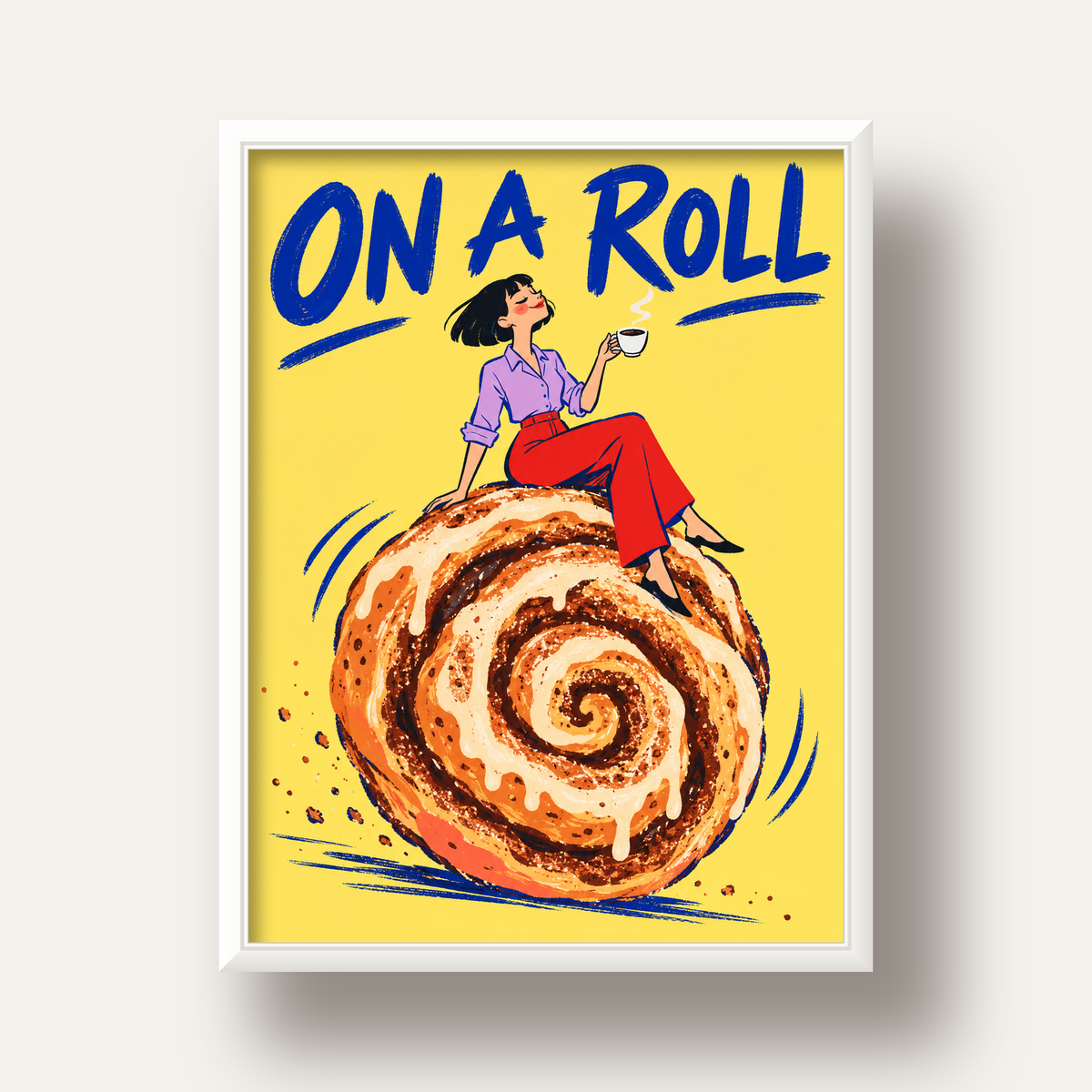 Tarçınlı Çörek ve Kahve: Eğlenceli Çizgi Roman Poster — beyaz derin çerçeveli