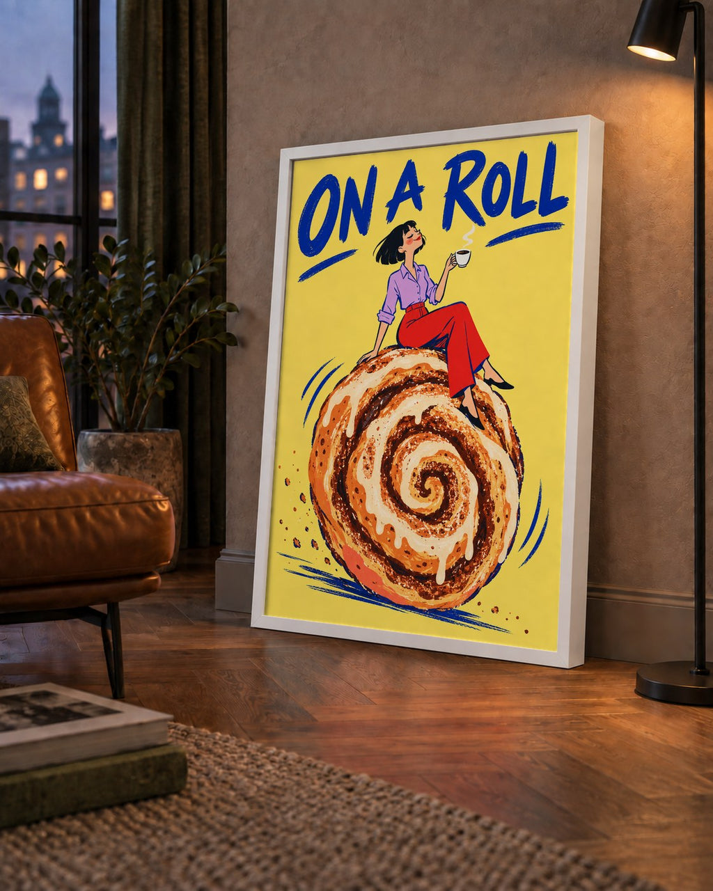 Tarçınlı Çörek ve Kahve: Eğlenceli Çizgi Roman Poster — çerçeveli hâliyle bir ev duvarında