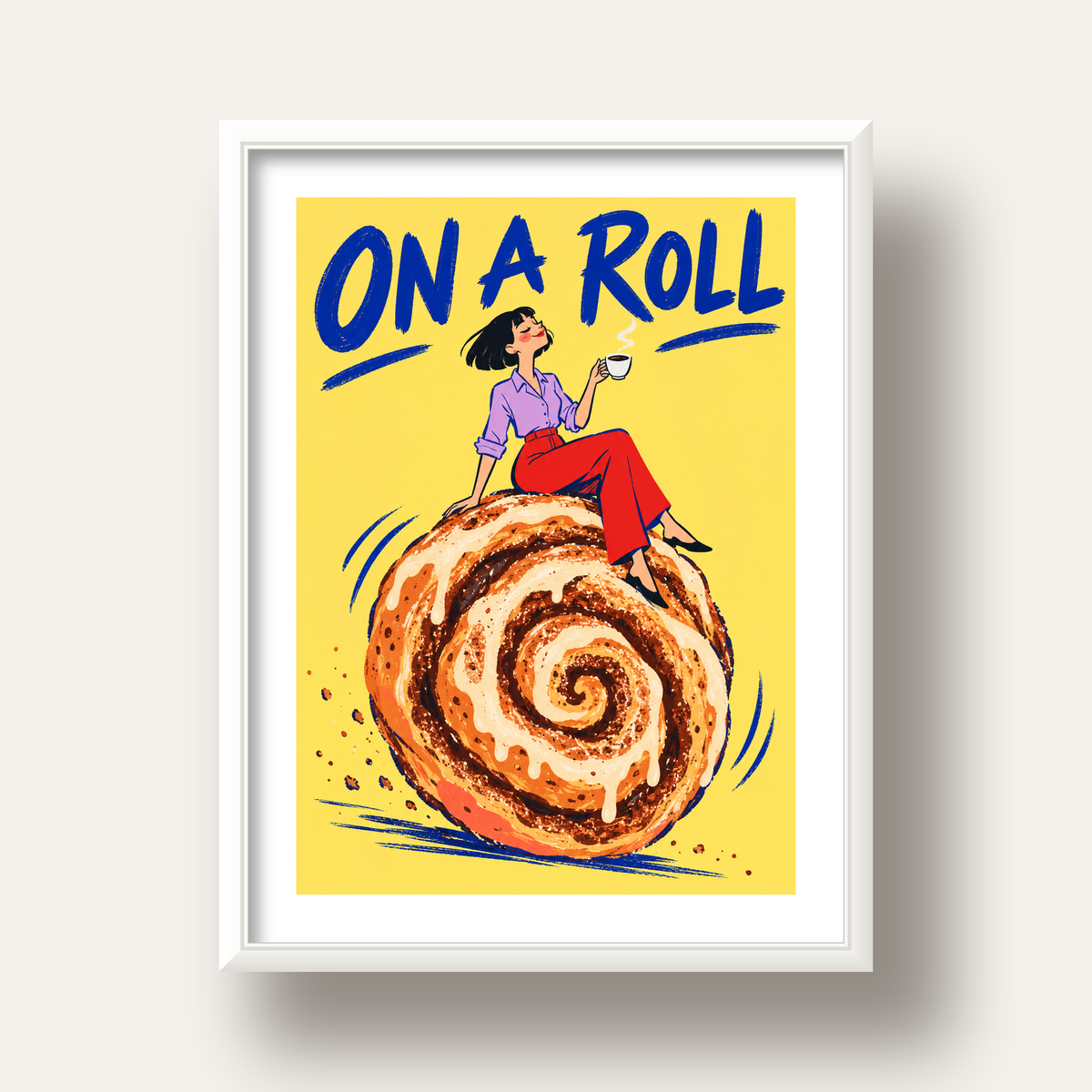 Tarçınlı Çörek ve Kahve: Eğlenceli Çizgi Roman Poster — beyaz derin çerçeveli paspartulu