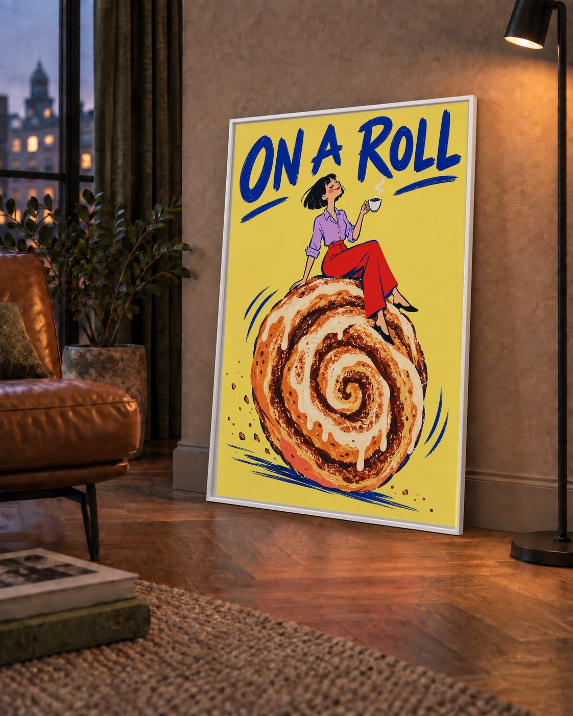 Tarçınlı Çörek ve Kahve: Eğlenceli Çizgi Roman Poster — çerçeveli hâliyle bir ev duvarında