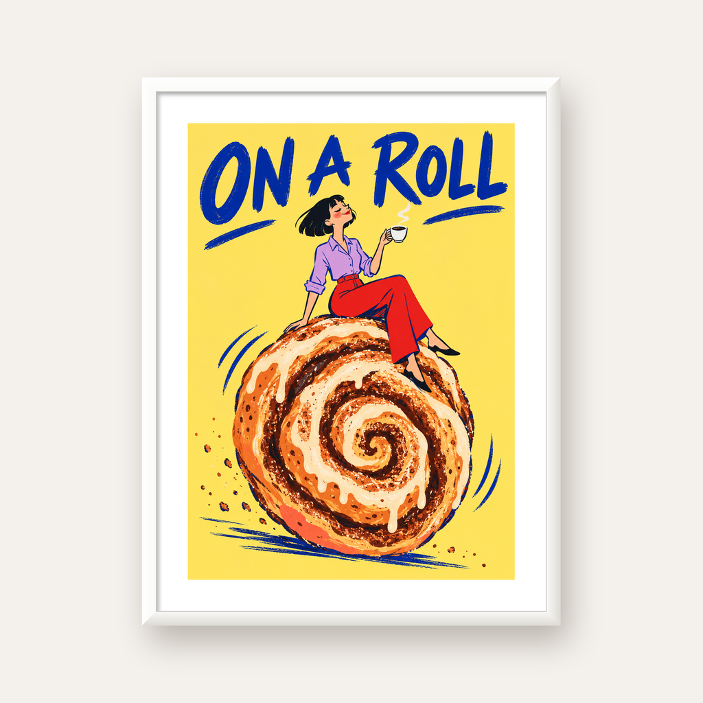 Tarçınlı Çörek ve Kahve: Eğlenceli Çizgi Roman Poster — beyaz çerçeveli dikey poster