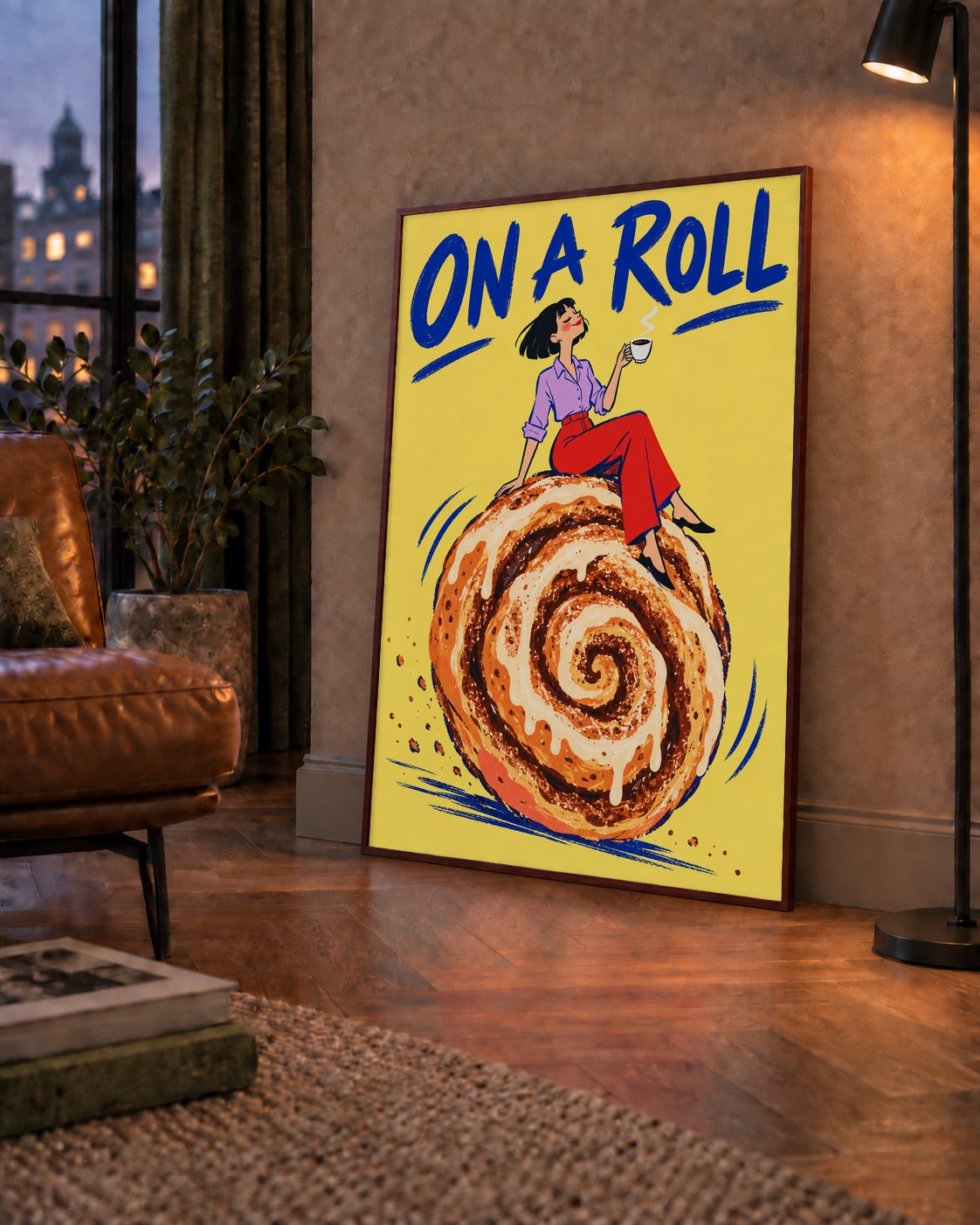 Tarçınlı Çörek ve Kahve: Eğlenceli Çizgi Roman Poster — çerçeveli hâliyle bir ev duvarında