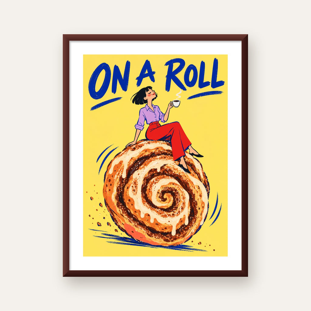 Tarçınlı Çörek ve Kahve: Eğlenceli Çizgi Roman Poster — ceviz çerçeveli paspartulu