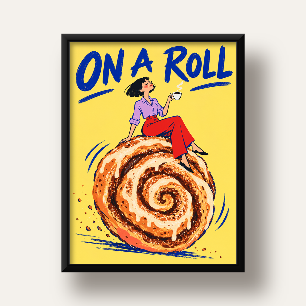 Tarçınlı Çörek ve Kahve: Eğlenceli Çizgi Roman Poster — siyah derin çerçeveli
