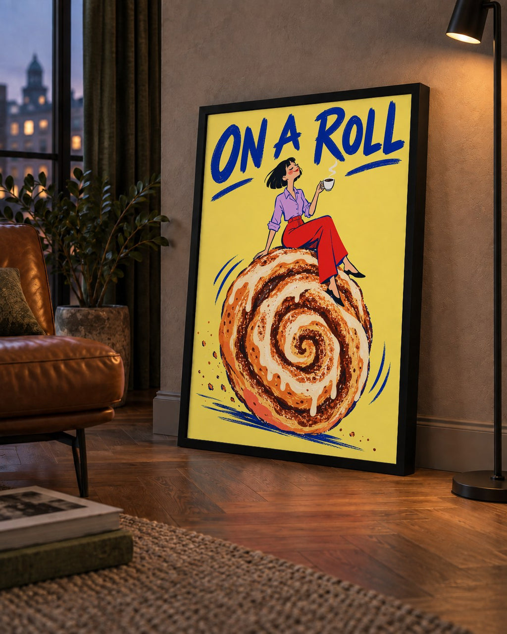 Tarçınlı Çörek ve Kahve: Eğlenceli Çizgi Roman Poster — çerçeveli hâliyle bir ev duvarında