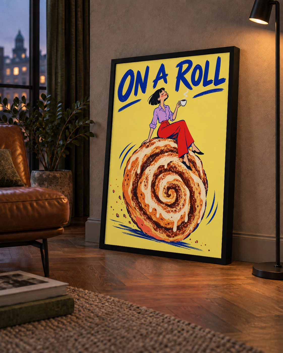 Tarçınlı Çörek ve Kahve: Eğlenceli Çizgi Roman Poster — çerçeveli hâliyle bir ev duvarında