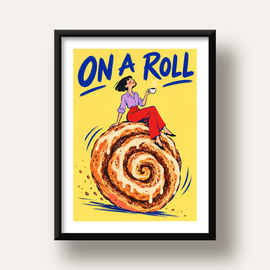 Tarçınlı Çörek ve Kahve: Eğlenceli Çizgi Roman Poster — siyah derin çerçeveli paspartulu