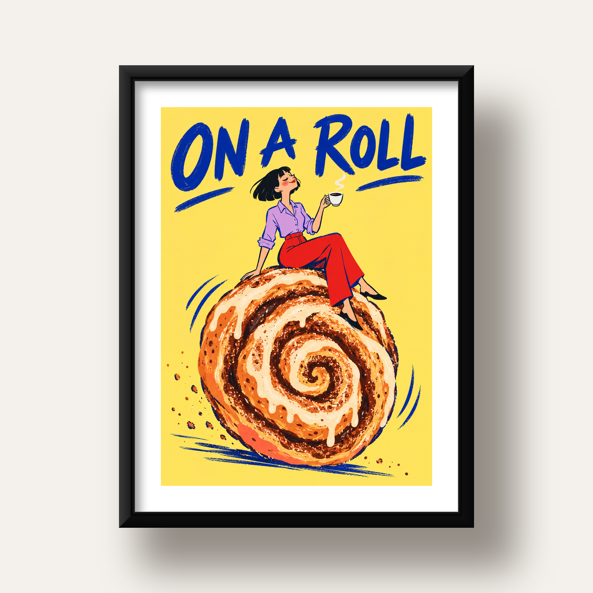 Tarçınlı Çörek ve Kahve: Eğlenceli Çizgi Roman Poster — siyah derin çerçeveli paspartulu