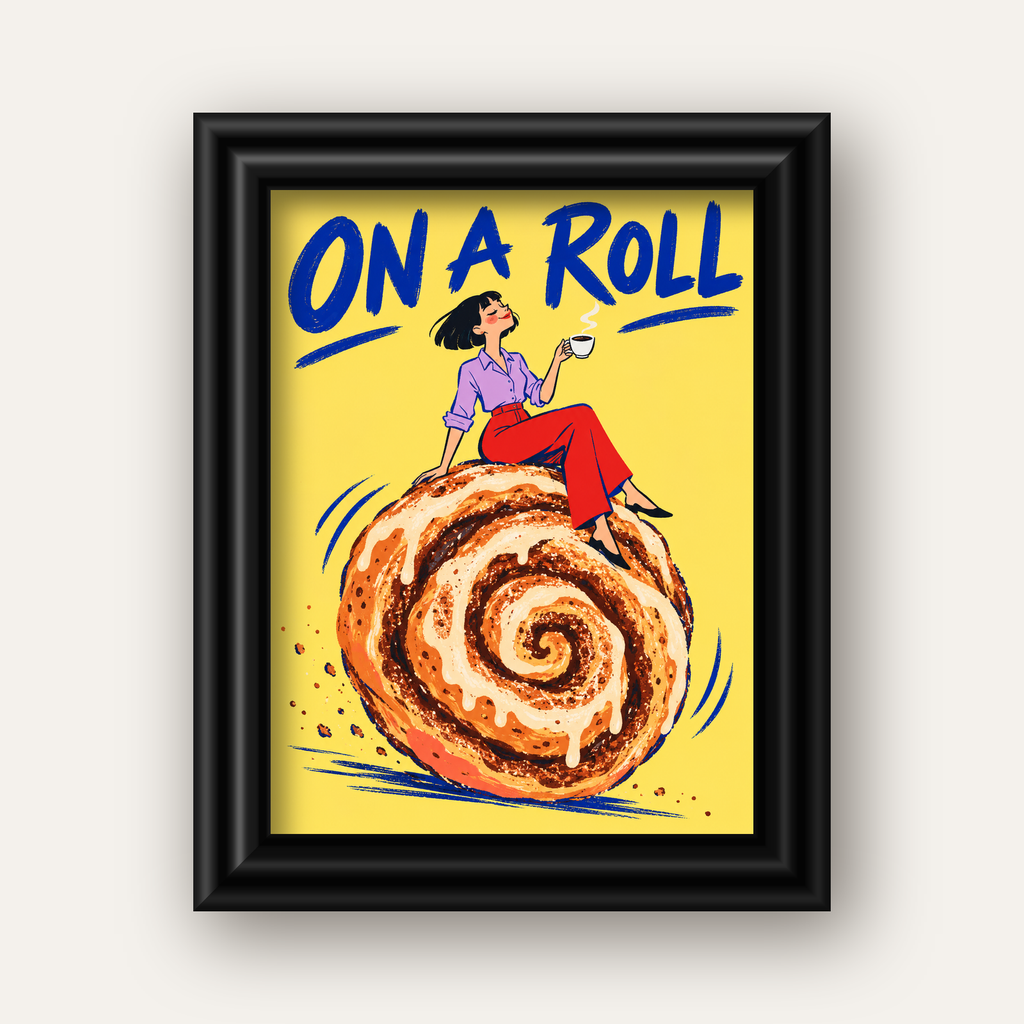 Tarçınlı Çörek ve Kahve: Eğlenceli Çizgi Roman Poster — siyah galeri çerçeveli