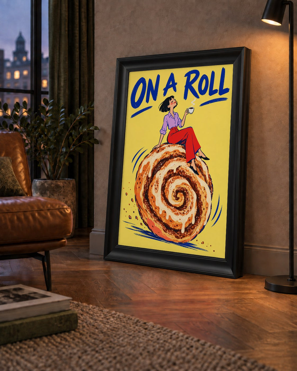 Tarçınlı Çörek ve Kahve: Eğlenceli Çizgi Roman Poster — çerçeveli hâliyle bir ev duvarında