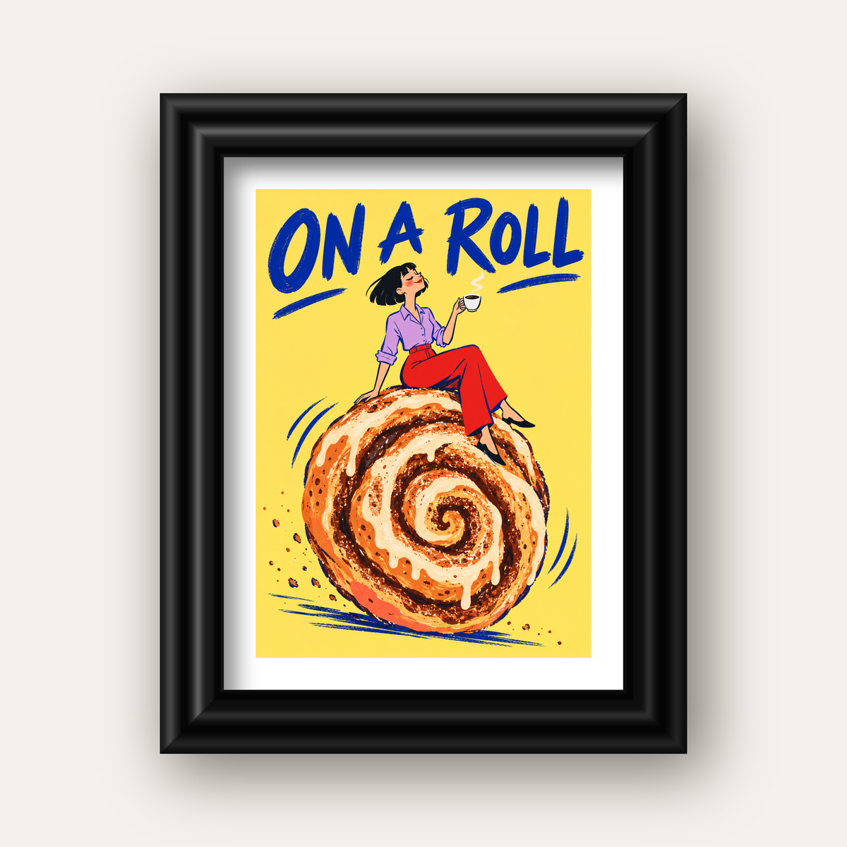 Tarçınlı Çörek ve Kahve: Eğlenceli Çizgi Roman Poster — siyah galeri çerçeveli paspartulu