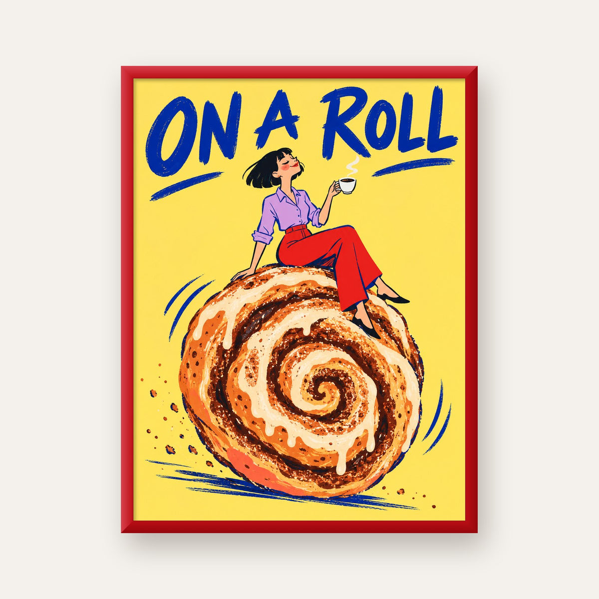 Tarçınlı Çörek ve Kahve: Eğlenceli Çizgi Roman Poster — kırmızı çerçeveli