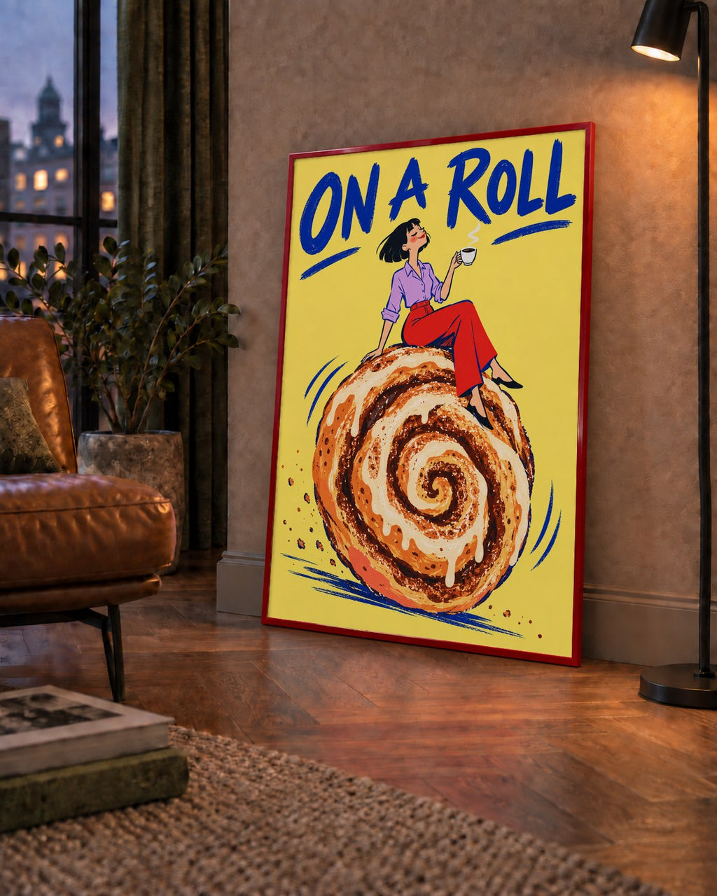 Tarçınlı Çörek ve Kahve: Eğlenceli Çizgi Roman Poster — çerçeveli hâliyle bir ev duvarında